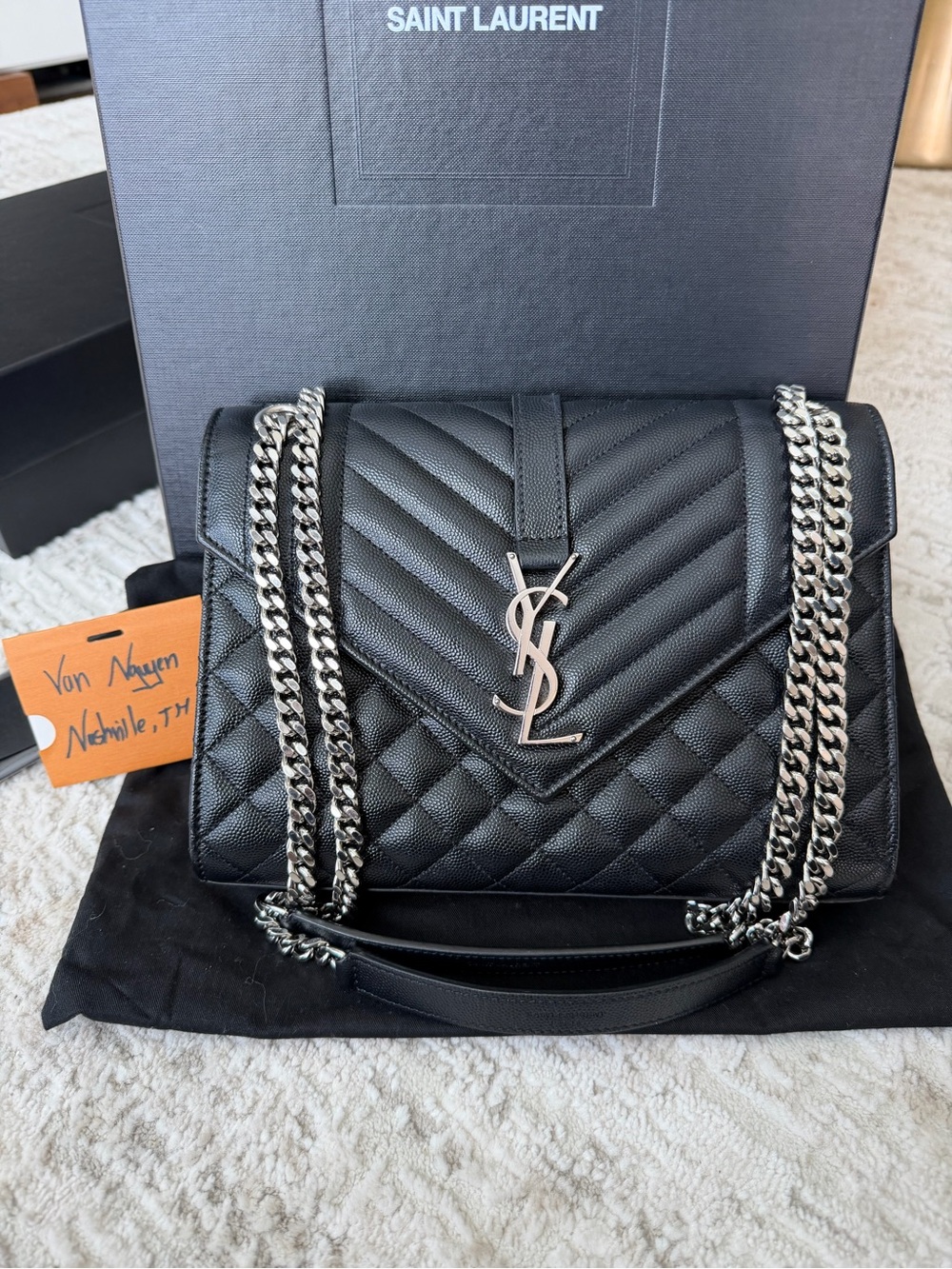Saint Laurent Black Quilted Leather Shoulder Bag with Silver Chain
